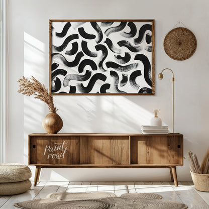 "Ink Swirls" presents a dynamic pattern of bold black ink strokes against a stark white background.… for living room