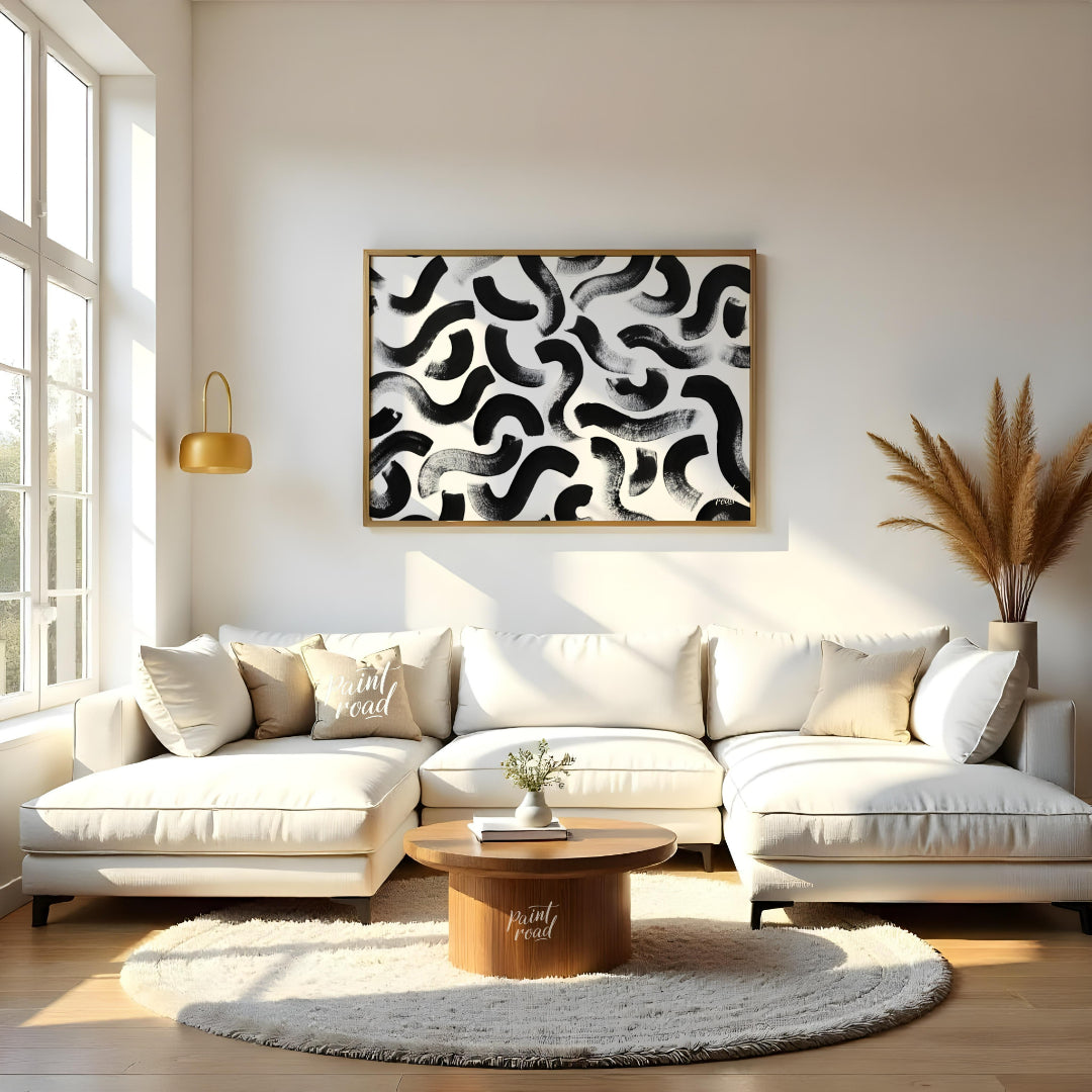 "Ink Swirls" presents a dynamic pattern of bold black ink strokes against a stark white background.… for living room