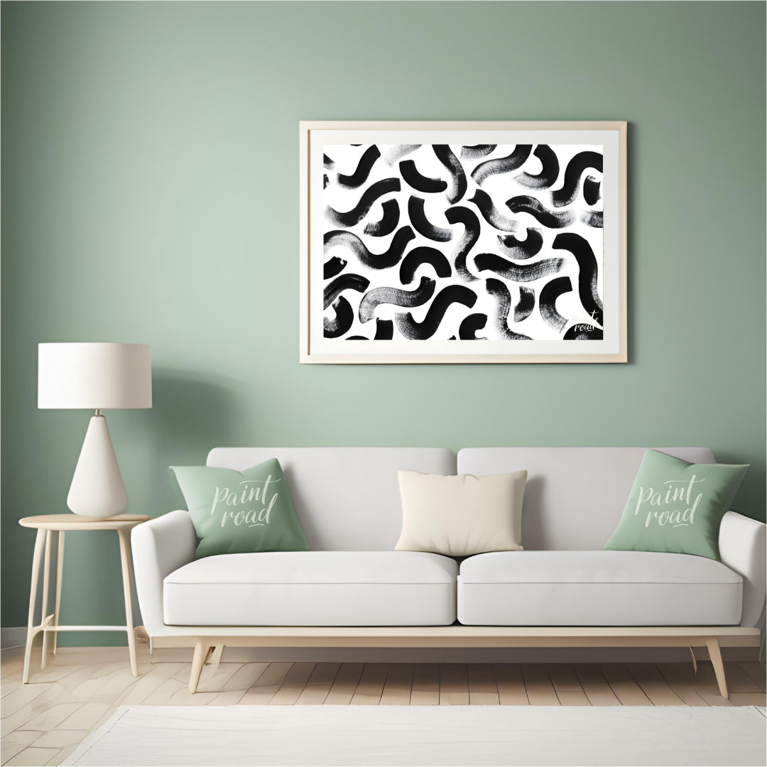 "Ink Swirls" presents a dynamic pattern of bold black ink strokes against a stark white background.… for living room