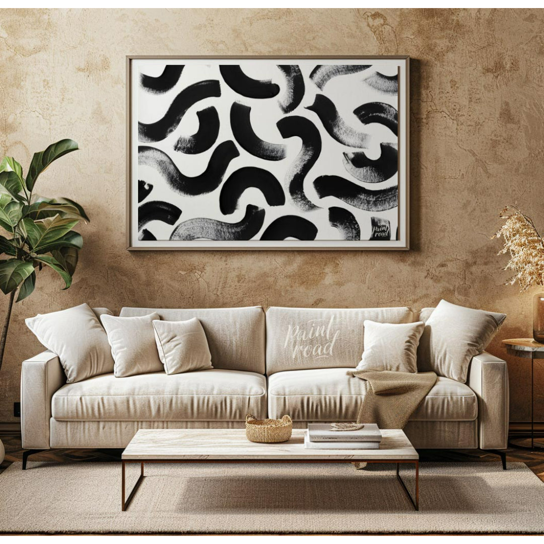 "Ink Swirls" presents a dynamic pattern of bold black ink strokes against a stark white background.… for living room