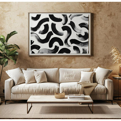 "Ink Swirls" presents a dynamic pattern of bold black ink strokes against a stark white background.… for living room