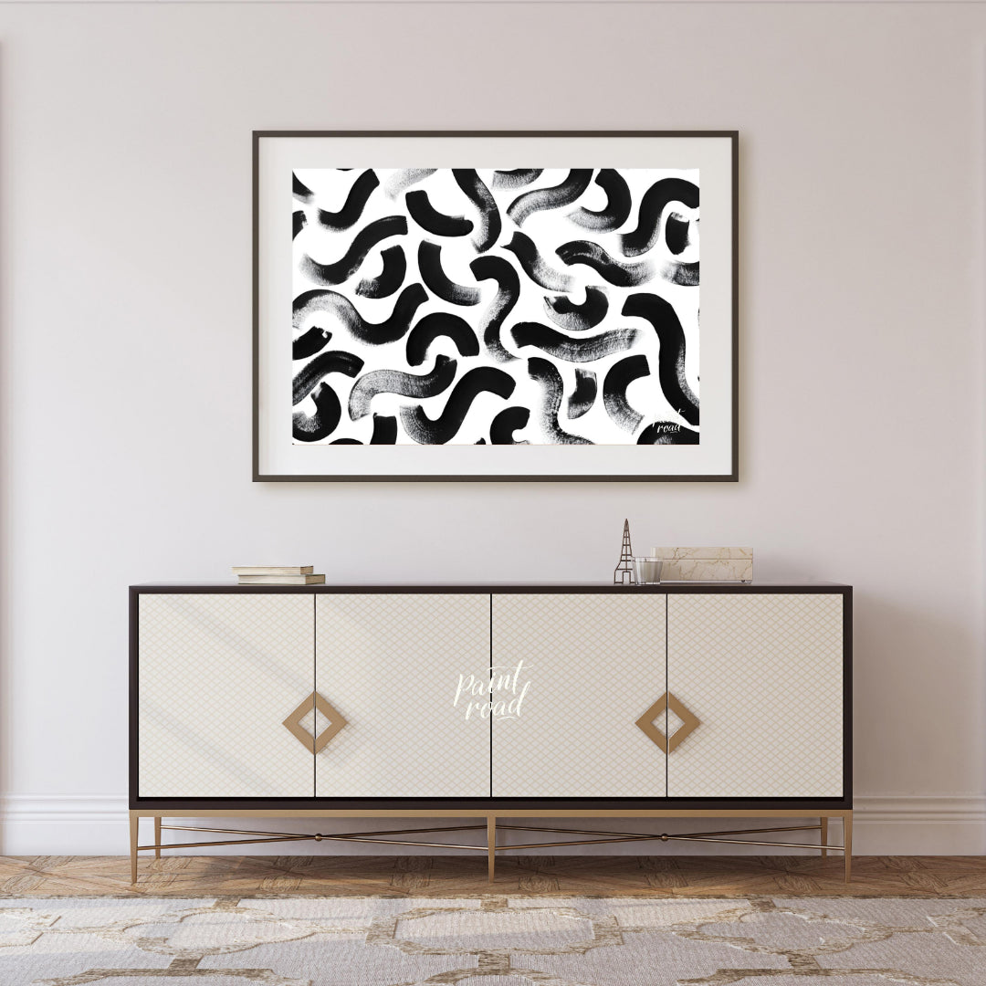 "Ink Swirls" presents a dynamic pattern of bold black ink strokes against a stark white background.… for living room