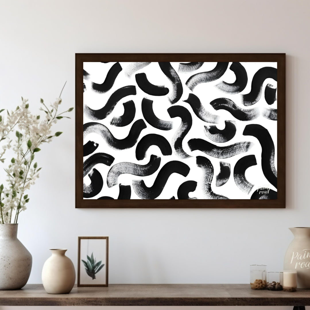 "Ink Swirls" presents a dynamic pattern of bold black ink strokes against a stark white background.… for living room