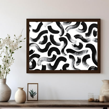"Ink Swirls" presents a dynamic pattern of bold black ink strokes against a stark white background.… for living room