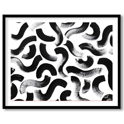 "Ink Swirls" presents a dynamic pattern of bold black ink strokes against a stark white background.… for place