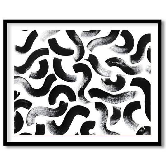 "Ink Swirls" presents a dynamic pattern of bold black ink strokes against a stark white background.… for place
