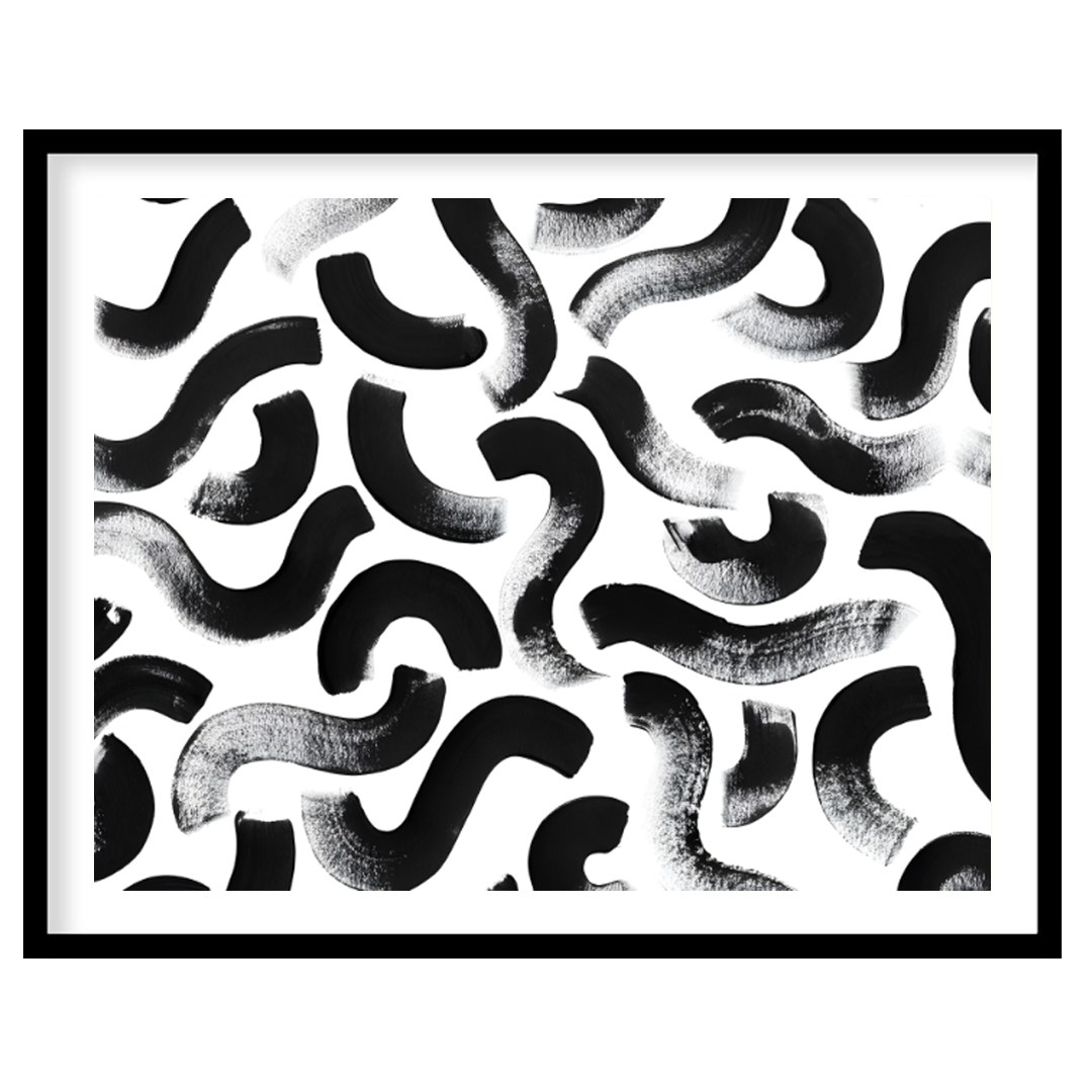 "Ink Swirls" presents a dynamic pattern of bold black ink strokes against a stark white background.… for place