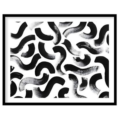 "Ink Swirls" presents a dynamic pattern of bold black ink strokes against a stark white background.… for place