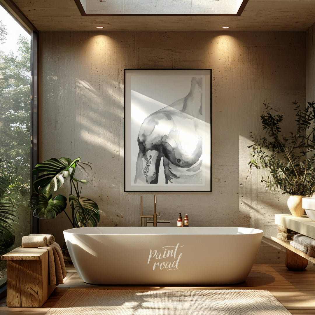 """Ink Torso"" presents a minimalist figure study rendered in delicate washes of gray ink against a… for bathroom