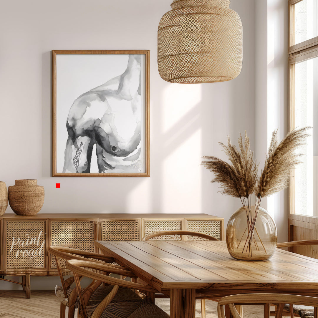 """Ink Torso"" presents a minimalist figure study rendered in delicate washes of gray ink against a… for dining room