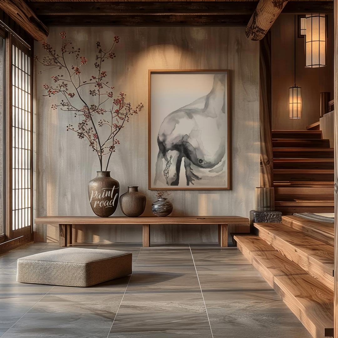 """Ink Torso"" presents a minimalist figure study rendered in delicate washes of gray ink against a… for entryway