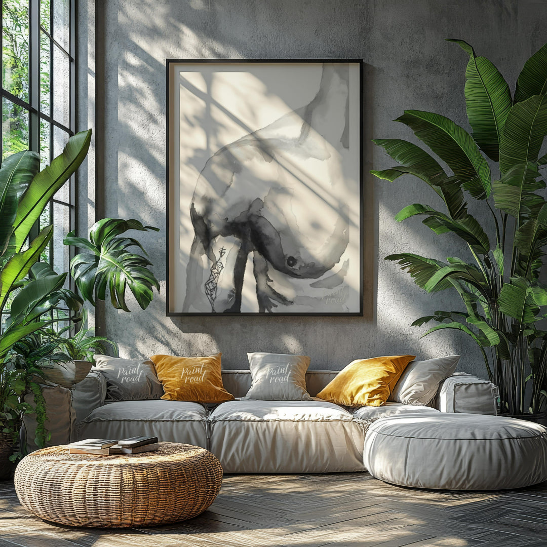 """Ink Torso"" presents a minimalist figure study rendered in delicate washes of gray ink against a… for living room