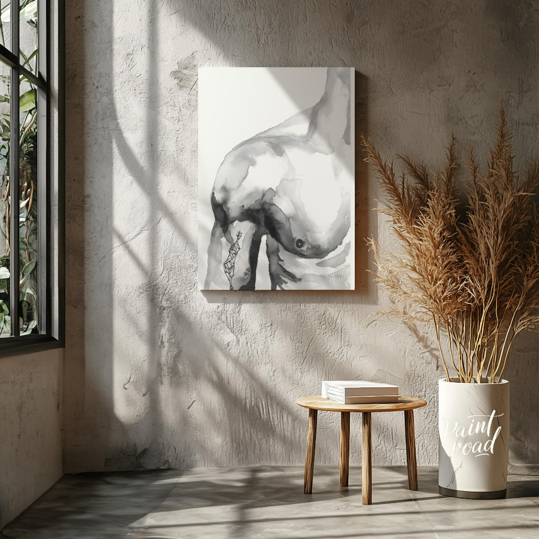 """Ink Torso"" presents a minimalist figure study rendered in delicate washes of gray ink against a… for living room