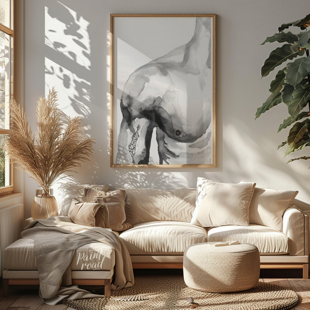"""Ink Torso"" presents a minimalist figure study rendered in delicate washes of gray ink against a… for living room