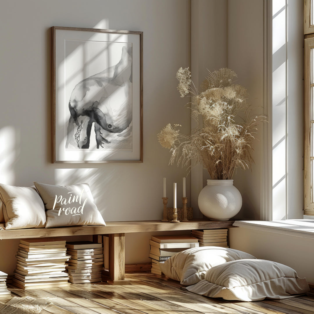 """Ink Torso"" presents a minimalist figure study rendered in delicate washes of gray ink against a… for living room