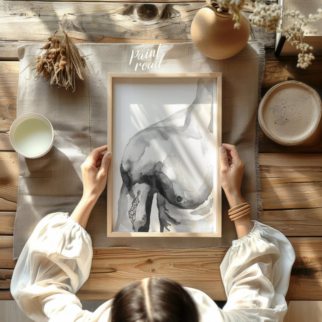 """Ink Torso"" presents a minimalist figure study rendered in delicate washes of gray ink against a… for other