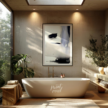 """Ink Veil"" presents an abstract composition with a focus on fluid ink washes and delicate color … for bathroom