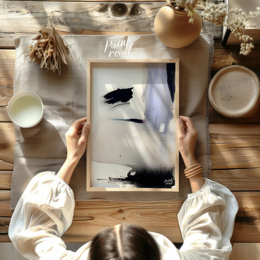 """Ink Veil"" presents an abstract composition with a focus on fluid ink washes and delicate color … for dining room