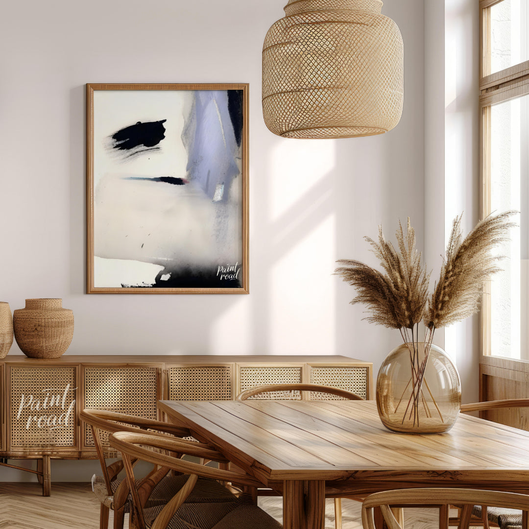 """Ink Veil"" presents an abstract composition with a focus on fluid ink washes and delicate color … for dining room