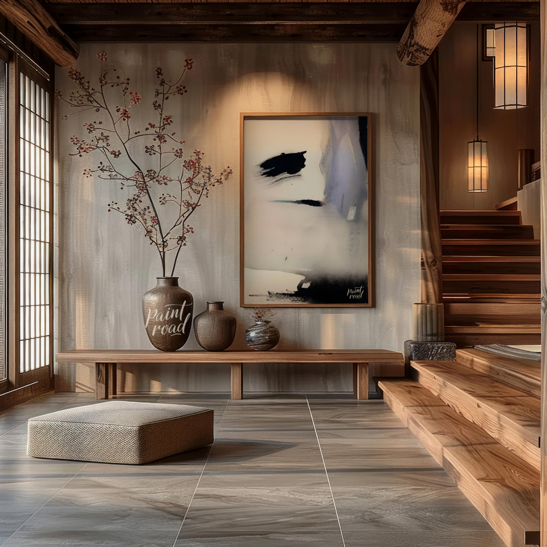 """Ink Veil"" presents an abstract composition with a focus on fluid ink washes and delicate color … for entryway