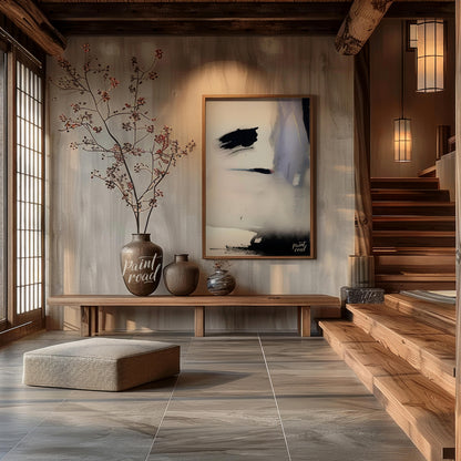 """Ink Veil"" presents an abstract composition with a focus on fluid ink washes and delicate color … for entryway