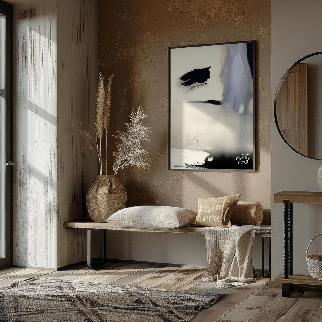 """Ink Veil"" presents an abstract composition with a focus on fluid ink washes and delicate color … for entryway