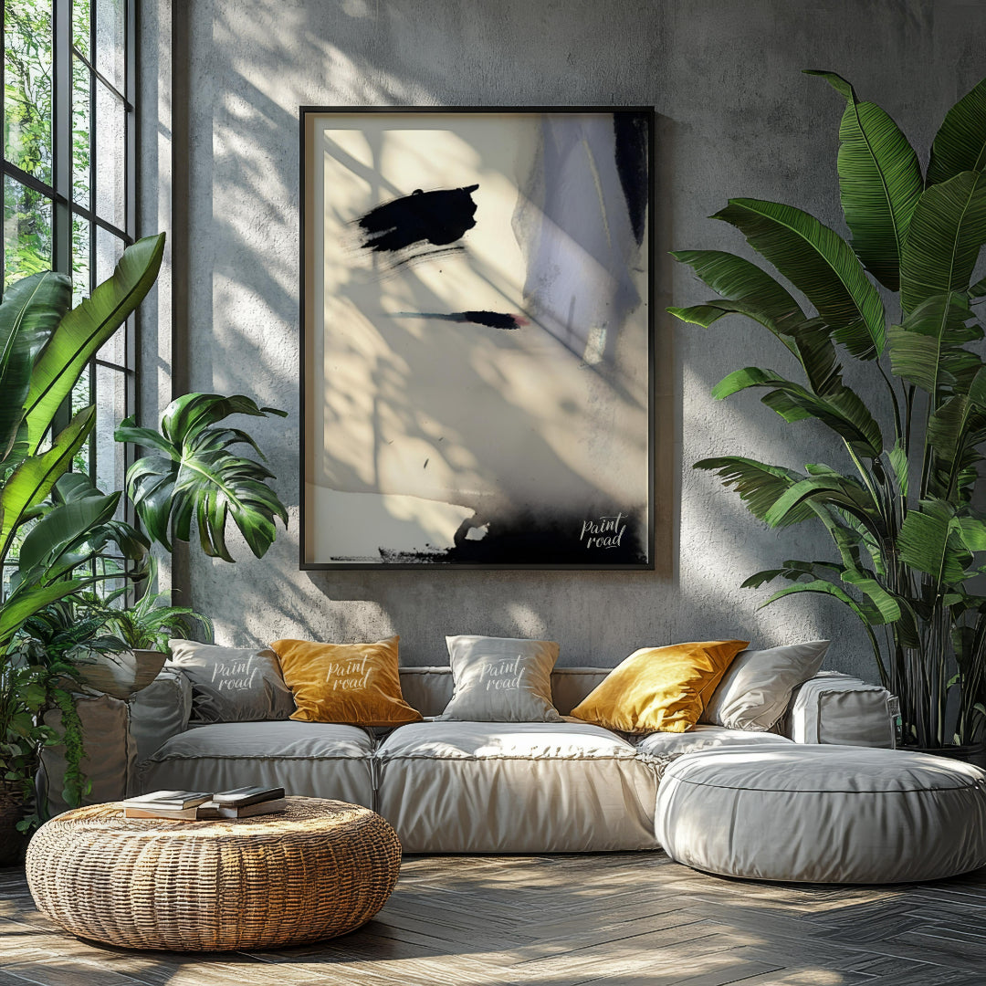 """Ink Veil"" presents an abstract composition with a focus on fluid ink washes and delicate color … for living room