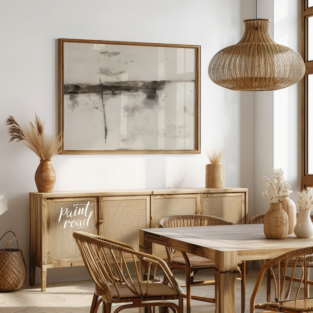 """Ink Veils"" presents a minimalist composition of soft, diffused ink marks against a textured, of… for dining room
