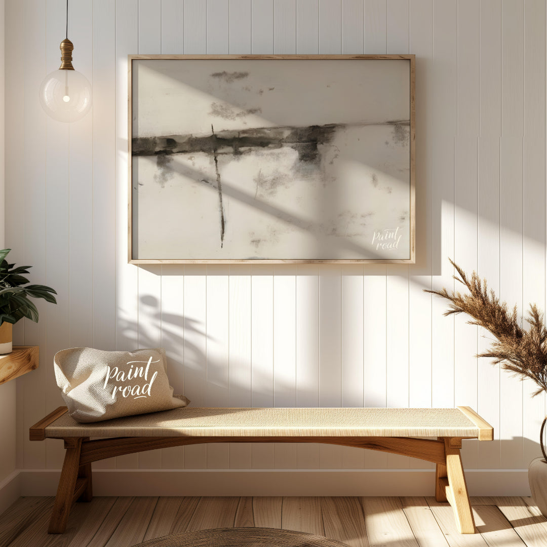 """Ink Veils"" presents a minimalist composition of soft, diffused ink marks against a textured, of… for entryway
