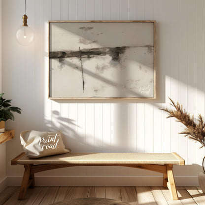 """Ink Veils"" presents a minimalist composition of soft, diffused ink marks against a textured, of… for entryway