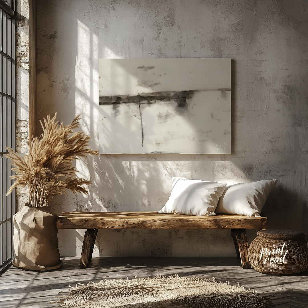 """Ink Veils"" presents a minimalist composition of soft, diffused ink marks against a textured, of… for entryway