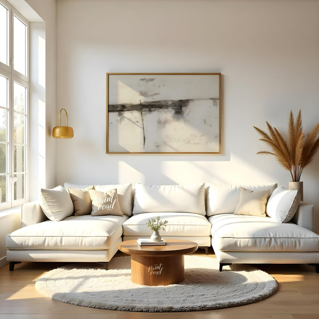 """Ink Veils"" presents a minimalist composition of soft, diffused ink marks against a textured, of… for living room