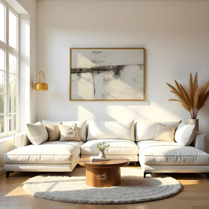 """Ink Veils"" presents a minimalist composition of soft, diffused ink marks against a textured, of… for living room