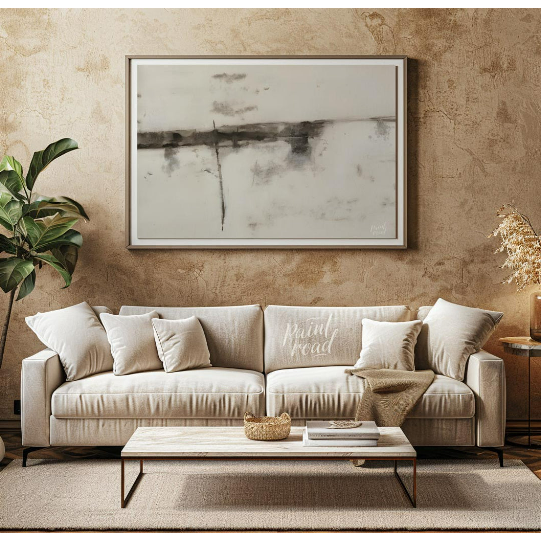 """Ink Veils"" presents a minimalist composition of soft, diffused ink marks against a textured, of… for living room