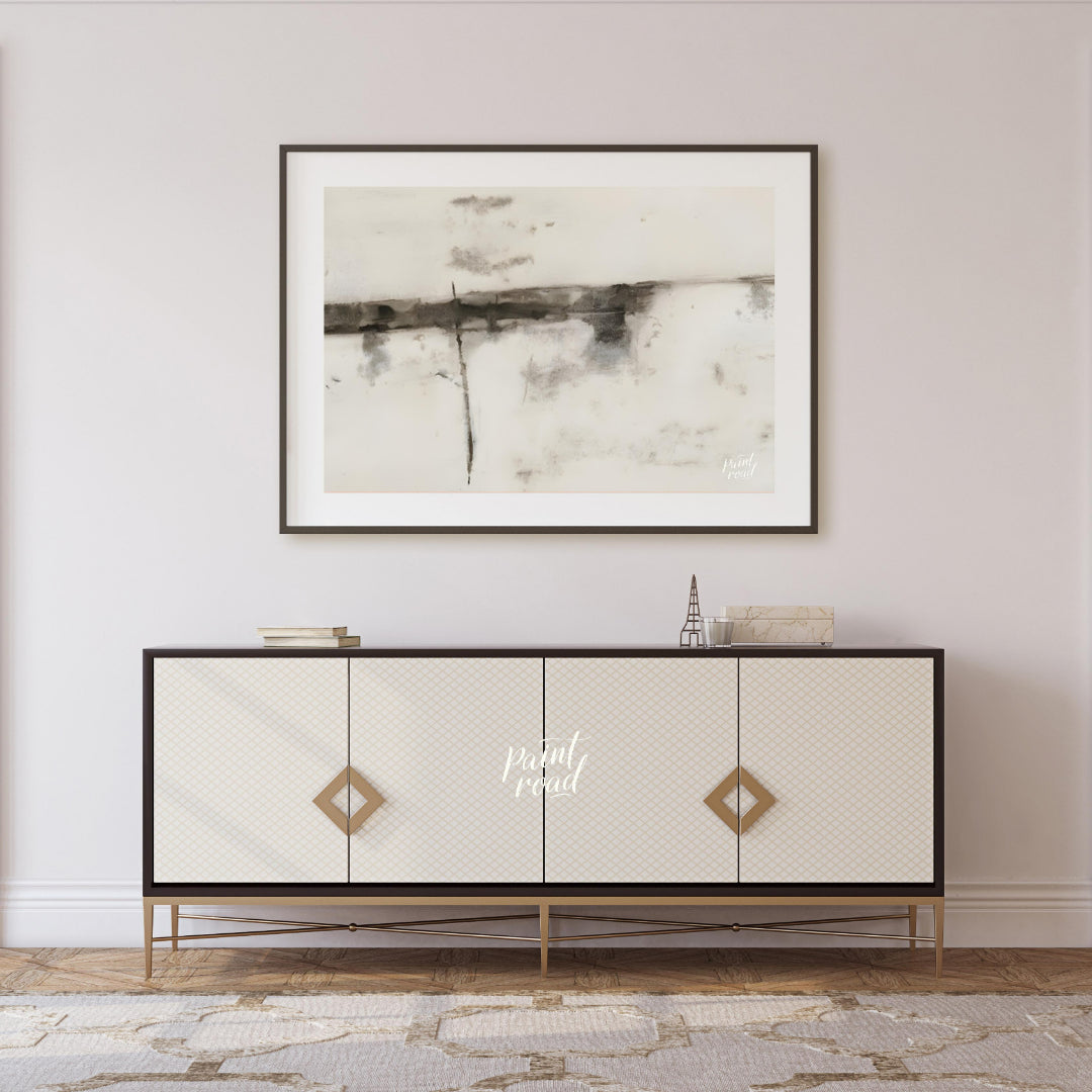 """Ink Veils"" presents a minimalist composition of soft, diffused ink marks against a textured, of… for living room