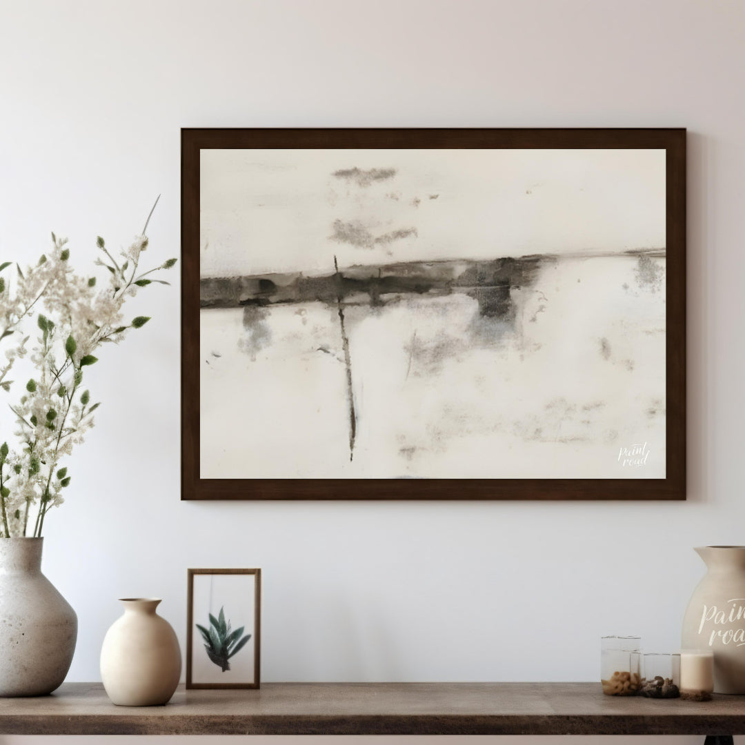 """Ink Veils"" presents a minimalist composition of soft, diffused ink marks against a textured, of… for living room