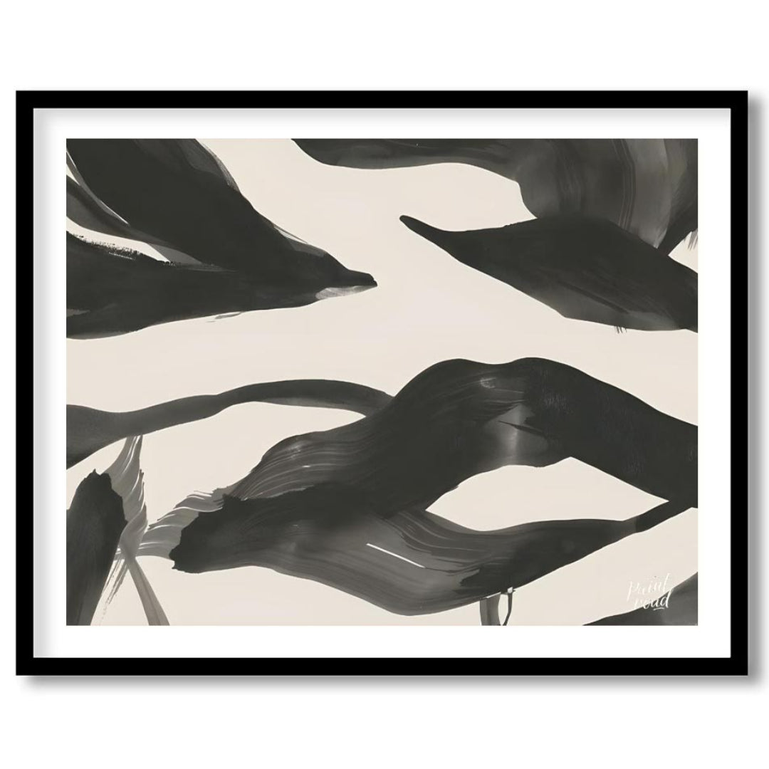 This artwork features a series of dynamic, abstract forms rendered in bold black ink against a ligh… for abode
