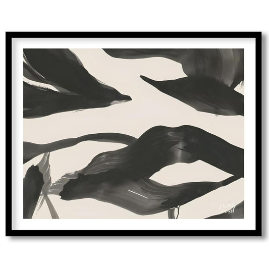 This artwork features a series of dynamic, abstract forms rendered in bold black ink against a ligh… for abode