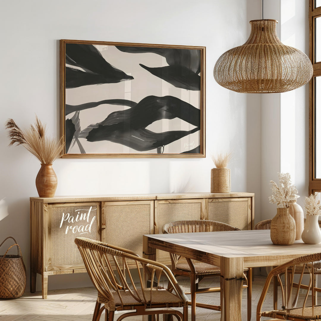 This artwork features a series of dynamic, abstract forms rendered in bold black ink against a ligh… for dining room
