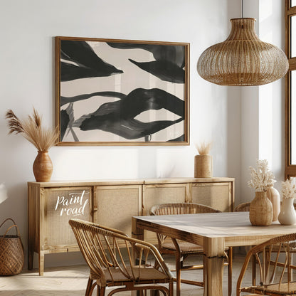 This artwork features a series of dynamic, abstract forms rendered in bold black ink against a ligh… for dining room