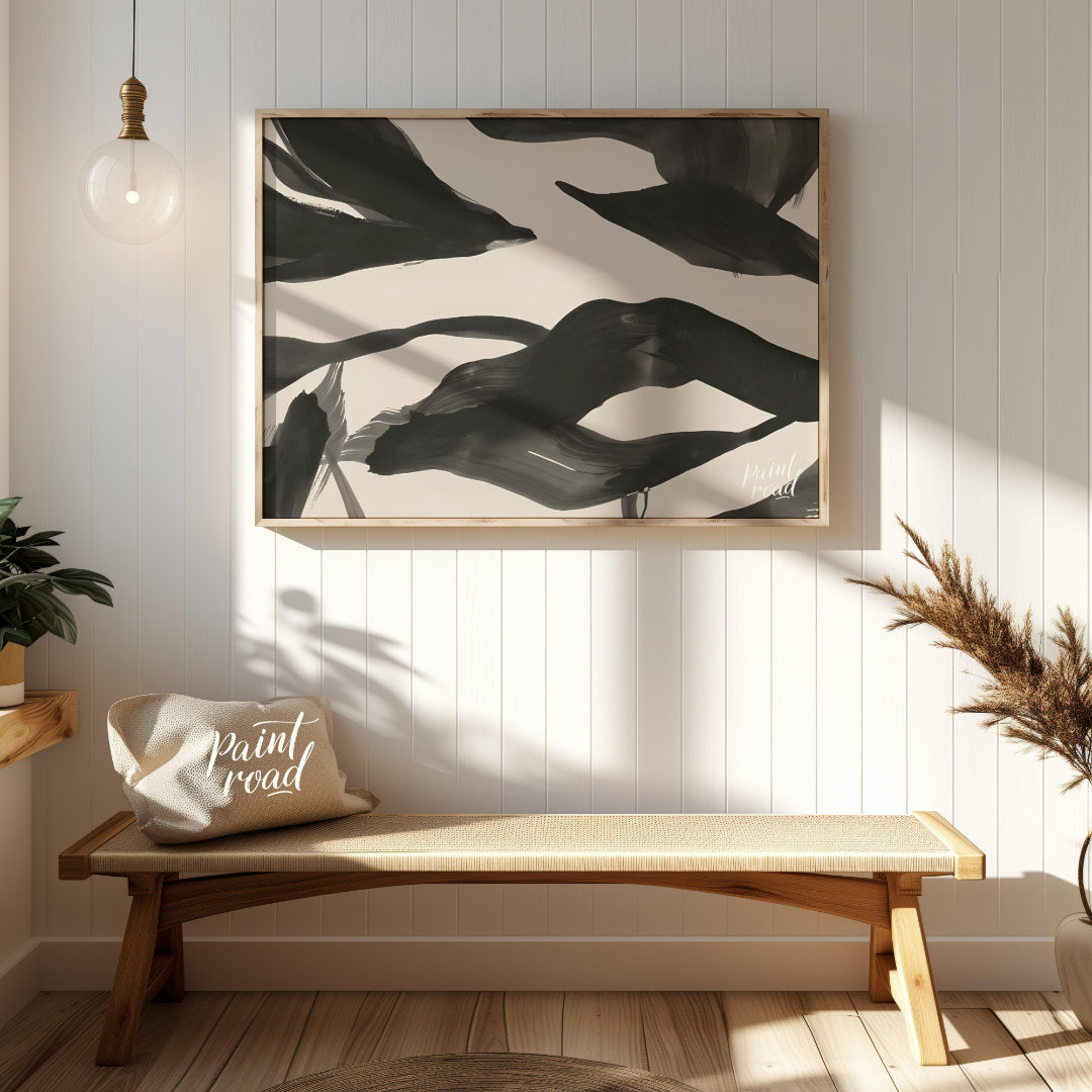 This artwork features a series of dynamic, abstract forms rendered in bold black ink against a ligh… for entryway