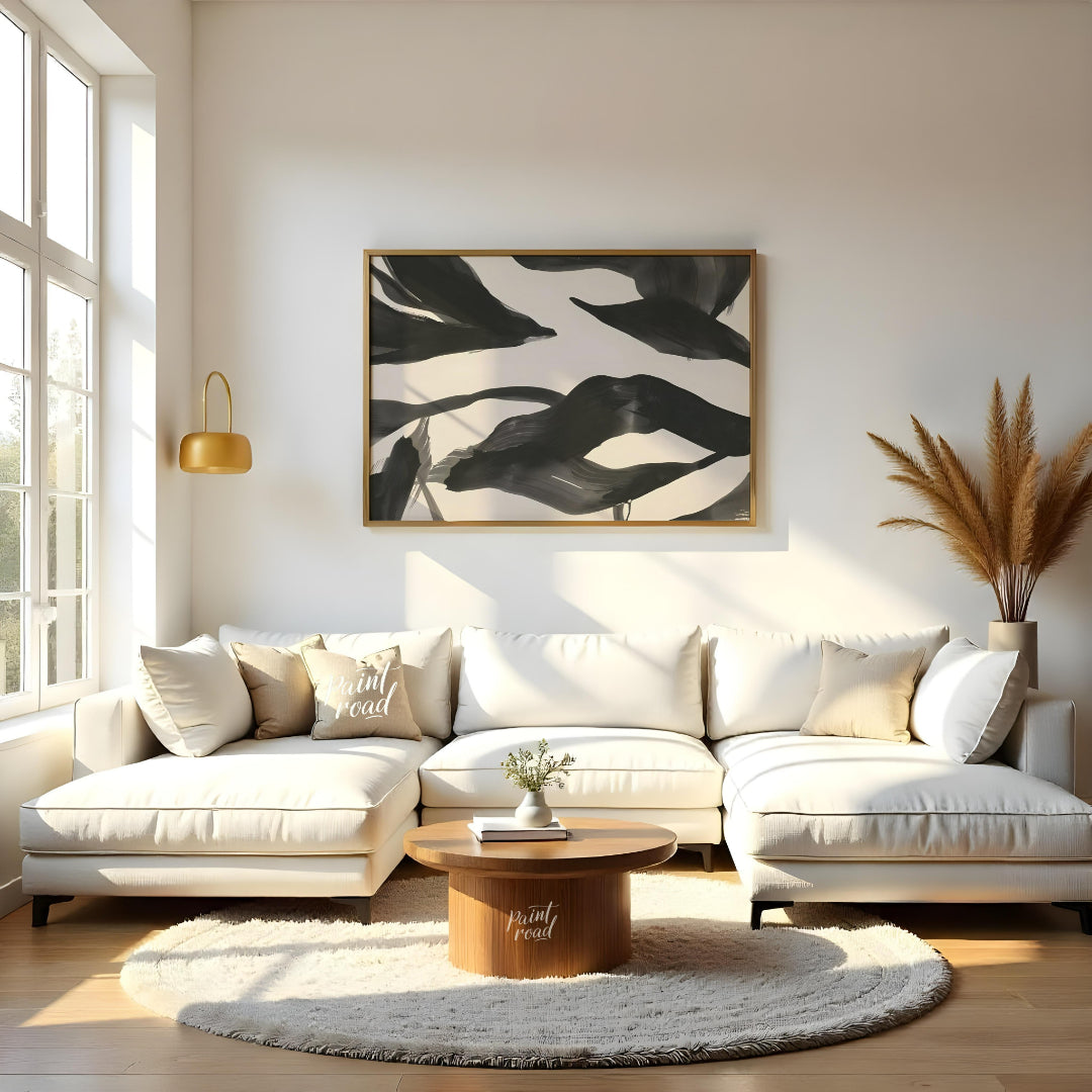 This artwork features a series of dynamic, abstract forms rendered in bold black ink against a ligh… for living room