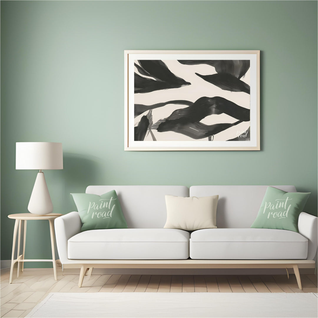 This artwork features a series of dynamic, abstract forms rendered in bold black ink against a ligh… for living room