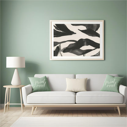 This artwork features a series of dynamic, abstract forms rendered in bold black ink against a ligh… for living room