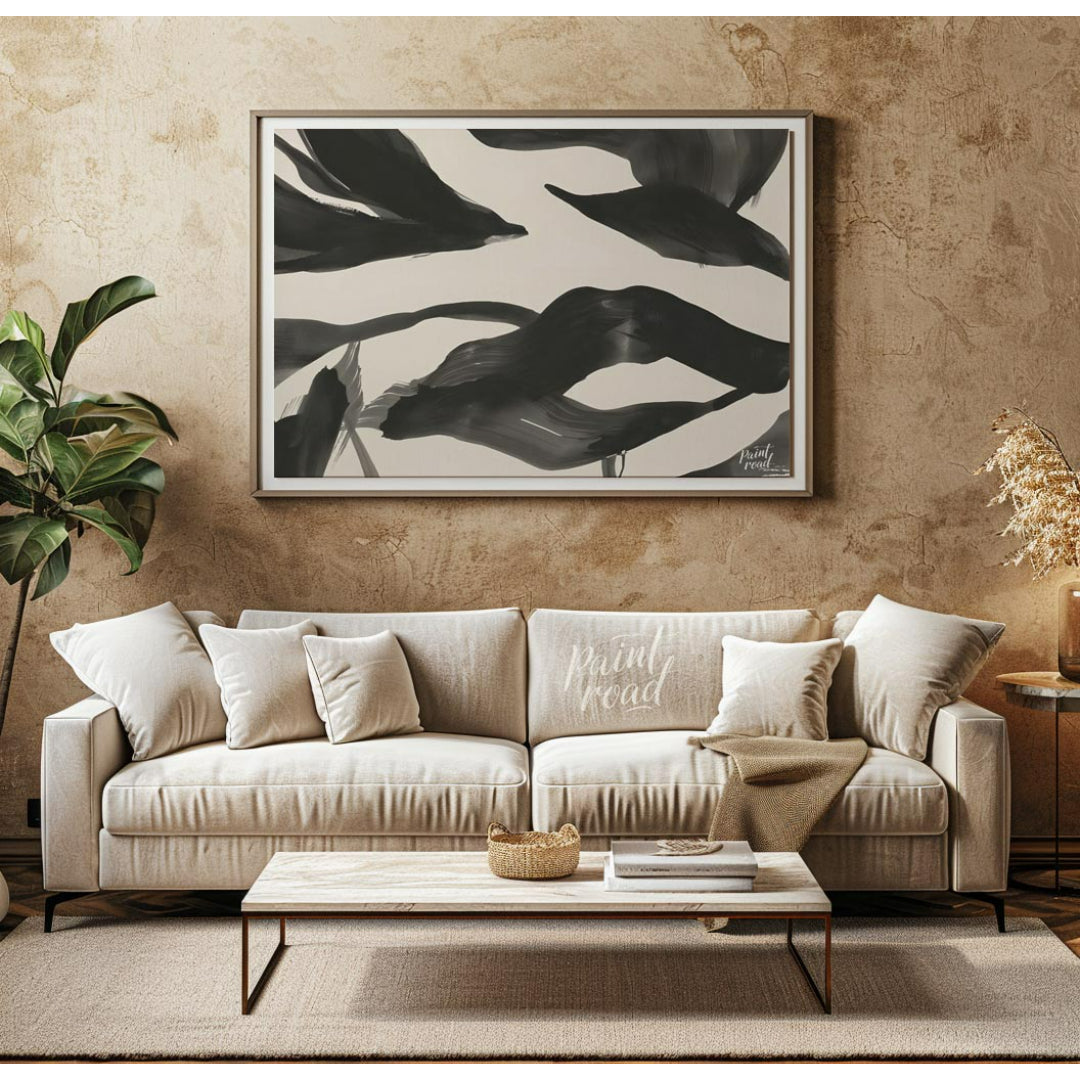 This artwork features a series of dynamic, abstract forms rendered in bold black ink against a ligh… for living room