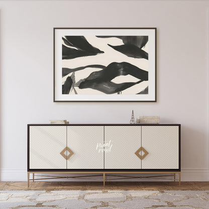This artwork features a series of dynamic, abstract forms rendered in bold black ink against a ligh… for living room
