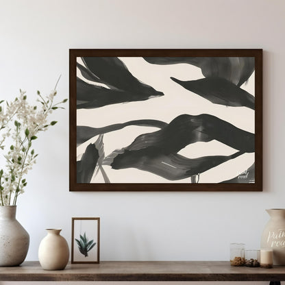 This artwork features a series of dynamic, abstract forms rendered in bold black ink against a ligh… for living room