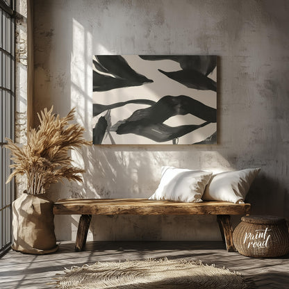 This artwork features a series of dynamic, abstract forms rendered in bold black ink against a ligh… for living room
