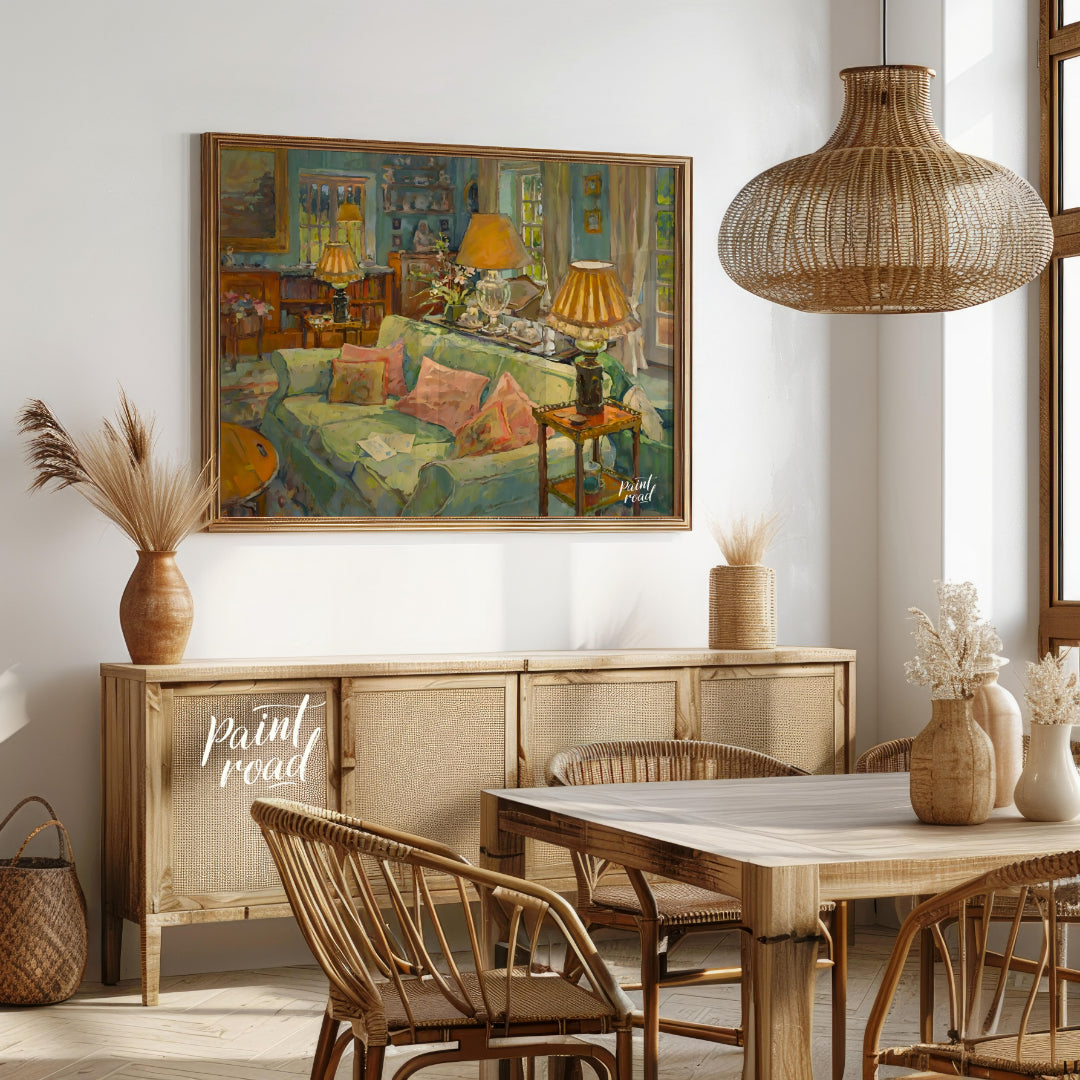 This painting captures a serene interior scene, bathed in soft, warm light. A plush, light-green so… for dining room