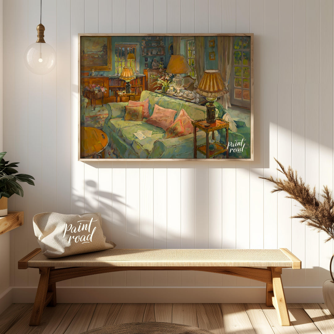 This painting captures a serene interior scene, bathed in soft, warm light. A plush, light-green so… for entryway
